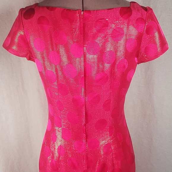 Pink Polka Dot Metalic Gold Silk Vtg Dress XS - Picture 9 of 11